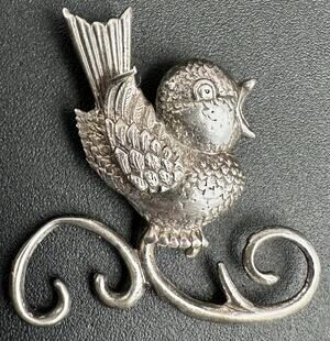 Vintage Lang 925 Sterling Silver Perched Bird Singing Pin Back Brooch